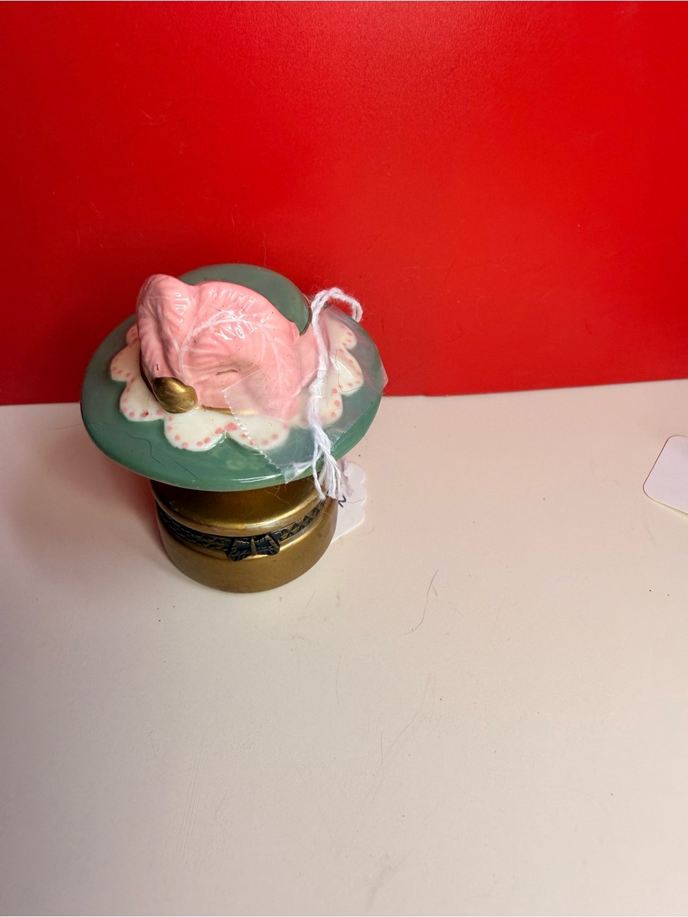 Pink Ceramic Flower Trinket Box with Green Lid and Brass Base